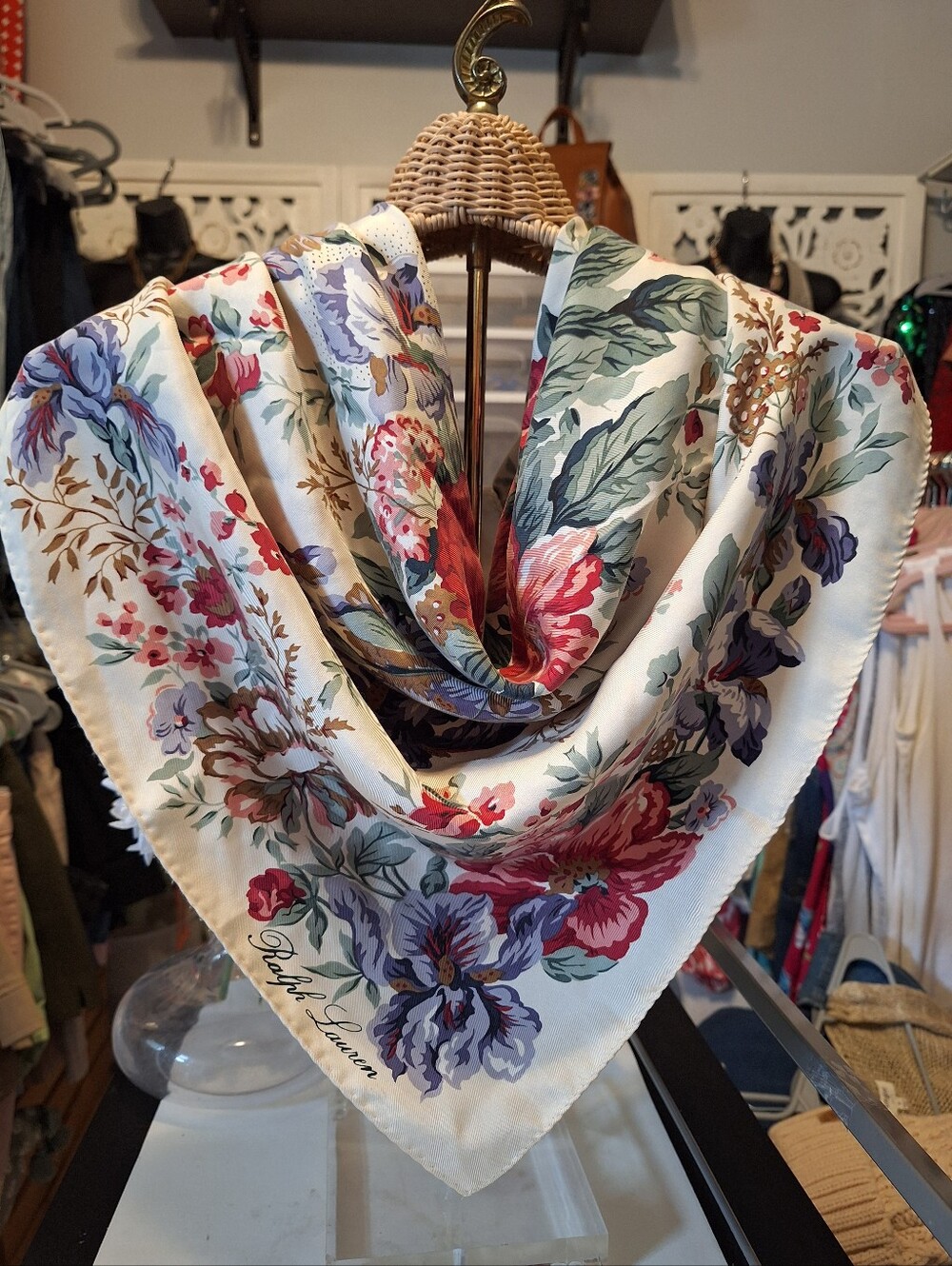 Vintage Ralph Lauren Cream Floral Silk Scarf with Multicolor Blooms